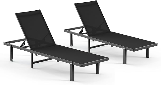 Aluminum Outdoor Lounge Chairs Set of 2, Pool Lounge Chairs with Wheels and 5-Position Recliner -Easy to Move- Patio Chaise Lounge Outdoor for Poolside, Deck, Beach (Black)