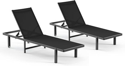 Aluminum Outdoor Lounge Chairs Set of 2, Pool Lounge Chairs with Wheels and 5-Position Recliner -Easy to Move- Patio Chaise Lounge Outdoor for Poolside, Deck, Beach (Black)