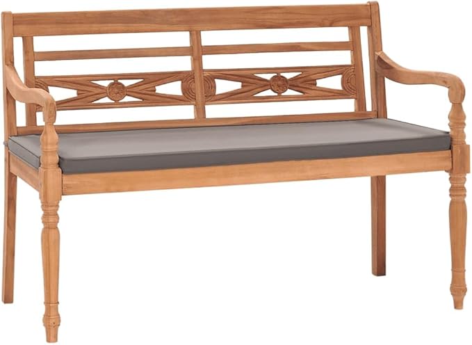 Solid Teak Outdoor Bench with Dark Grey Cushion Brown Rectangular 47.2 Inch Rustic Garden Patio Furniture for Balcony Seating Comfortable Durable