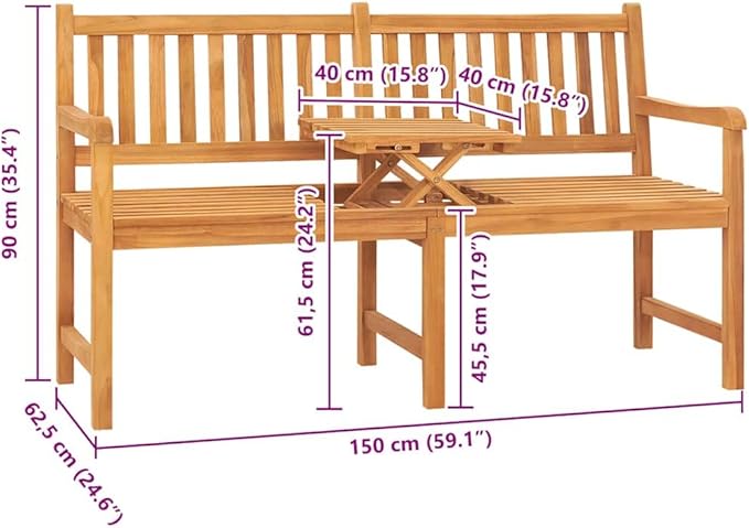 Solid Teak Wood 3-Seater Garden Bench with Convertible Table, Rustic Outdoor Seating Furniture for Patio and Backyard, Durable Teak Bench with Comfortable Seating and Easy