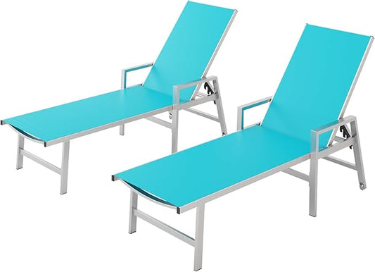 Patio Chaise Lounge Chair Outdoor Set of 2 with Wheels&Armrests, Aluminum Pool Lounge Chairs Five-Position Adjustable Recliner, Outdoor Beach Lounge Chairs for Poolside, Patio, Deck, Yard, Lake Blue