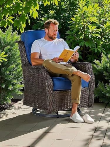 Outdoor Wicker Swivel Rocker Chair with 6-Inch Thick Cushions, High Back Patio Glider Chair, 360° Swivel & Rocking Motion for Porch, Deck, Balcony, Poolside, Brown/Blue