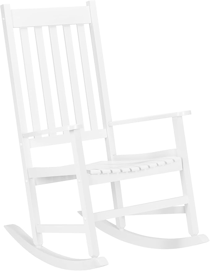 Square Wooden Rocking Chair Classic Comfort Durable Solid Wood Frame Easy Assembly Relaxing Morning Coffee & Conversations for Indoor Outdoor Front Porch Backyard Lawn Garden White