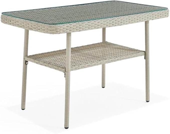 Alaterre Furniture "Windham All-Weather Wicker Outdoor 26"" H Cocktail Table with Glass Top", light gray