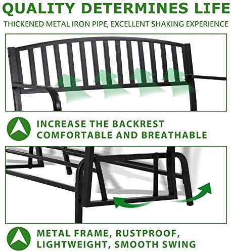Dkeli Patio Glider Bench Outdoor Park Bench Garden Bench Metal Cast Iron 50” Fornt Porch Chair Cushion with Armrest for Outdoor Yard Balcony Entryway, Black