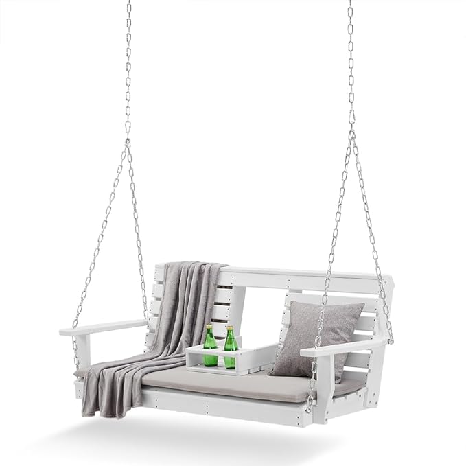 Premium Poly Lumber Porch Swing with Mounting Kit – All-Weather HDPE Hanging Bench with Cup Holders & Steel Chains for - Photo 1