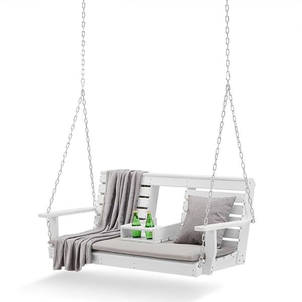 Premium Poly Lumber Porch Swing with Mounting Kit – All-Weather HDPE Hanging Bench with Cup Holders & Steel Chains for - Photo 1