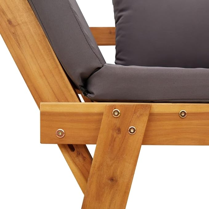 Solid Acacia Wood Garden Bench with Convertible Functionality and Weather-Resistant Cushions, Dark Grey Polyester Medium, 2-in-1 Outdoor Seating for Patio Terrace Balcony