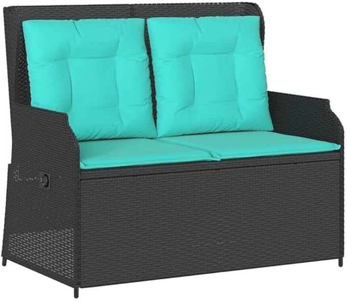 BOWERY HILL Contemporary Reclining Patio Bench, Black and Turquoise Finish, Synthetic Poly Rattan, Adjustable Backrest, Weather-Resistant Cushions, 2-Seater Outdoor Bench for Garden or Balcony Use