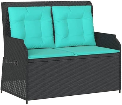 BOWERY HILL Contemporary Reclining Patio Bench, Black and Turquoise Finish, Synthetic Poly Rattan, Adjustable Backrest, Weather-Resistant Cushions, 2-Seater Outdoor Bench for Garden or Balcony Use