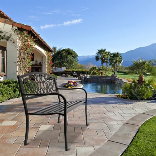 50" Outdoor Garden Bench, Patio Furniture Metal Outdoor Chair with Cast Iron Frame, Weather Proof 2-Person Outdoor Loveseat with Welcome Backrest for Park, Porch, Pool, Backyard
