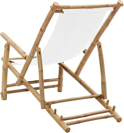 Deck Chair Bamboo and Canvas,Outdoor Patio Furniture,Balcony Chairs,Lounge Chairs,Beach Lounge Chair Outdoor,Lawn Chairs,for Patio,Garden,Backyard, Cream White