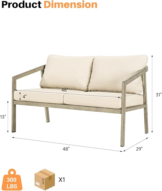 Outdoor Patio Loveseat, Never-Rust Aluminum Outdoor Loveseat Couch with Thick Cushions, Modern 2-Seater Patio Sofa Bench, Outdoor Sofa Loveseat Furniture for Poolside, Garden, Gray Oak | Never-Rust, Wood-Grain Texture, Wraparound Design, Removable Cush...