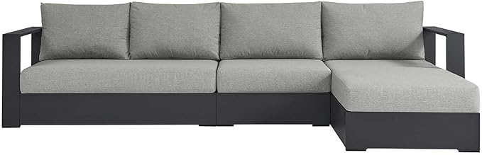 Modway Tahoe Modular Aluminum 3-Piece Outdoor Patio Furniture Gray, Right-Facing Sectional Sofa Set with Weather-Resistant Cushions, Ideal for Deck, Backyard, Poolside