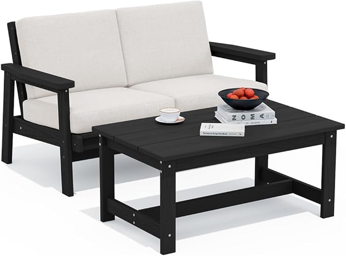 SERWALL Outdoor Loveseat, Black Frame and Khaki Cushion - Photo 1