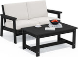 SERWALL Outdoor Loveseat, Black Frame and Khaki Cushion - Photo 1