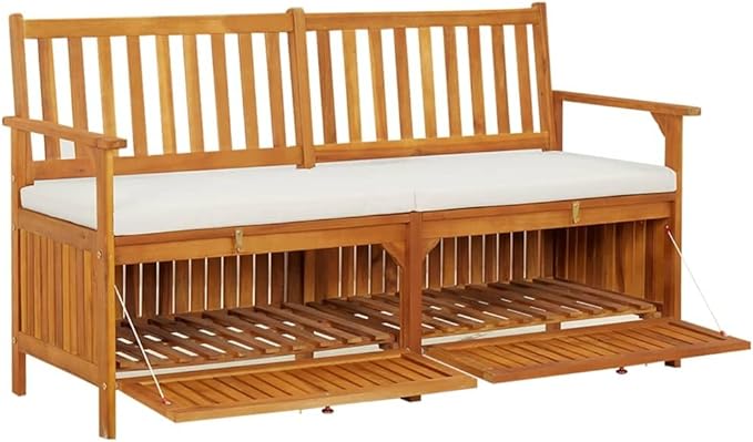 Solid Acacia Wood Storage Bench with Removable Cushion, Brown Indoor Outdoor Furniture for Patio Garden Hall, 4 Piece Set Durable Modern Seating with Substantial Storage Space