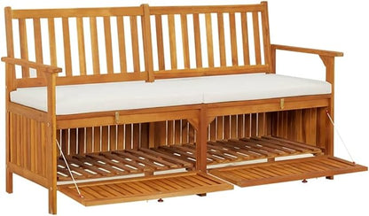 Solid Acacia Wood Storage Bench with Removable Cushion, Brown Indoor Outdoor Furniture for Patio Garden Hall, Durable Seating and Organizer