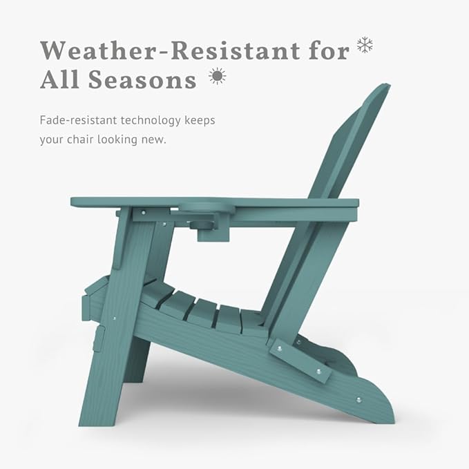Folding Adirondack Chairs with Cup Holders, Set of 4 HDPE Plastic Outdoor Chairs, Weather Resistant, Real Wood Look, Heavy-Duty Patio Furniture for Deck, Fire Pit, Backyard, Aruba Blue