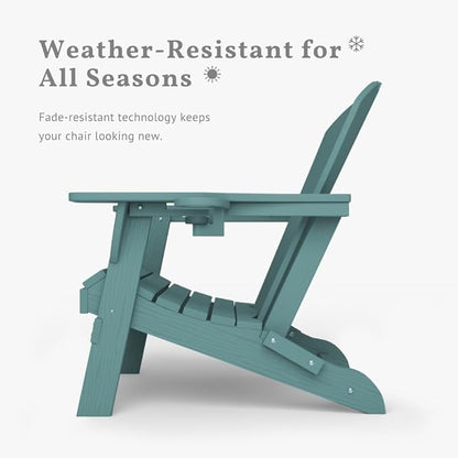Folding Adirondack Chairs with Cup Holders, Set of 4 HDPE Plastic Outdoor Chairs, Weather Resistant, Real Wood Look, Heavy-Duty Patio Furniture for Deck, Fire Pit, Backyard, Aruba Blue