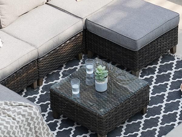 Grand patio Outdoor Coffee Table Wicker Patio Side Table Wicker Patio Table Furniture Conversation Set with Glass Top