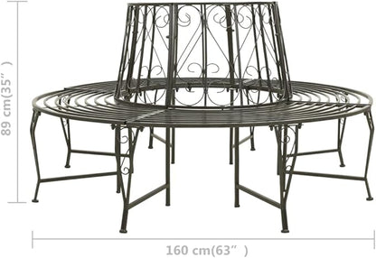 63 Inch Round Tree Bench for Garden, Weathered Silver Grey Steel Outdoor Seating for 6, Wraparound Patio Bench for Backyard Tree Enclosure