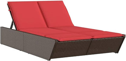 Brown PE Rattan Double Outdoor Lounge Chair 78.7×46.5×32.7in Adjustable Backrest Chaise for Patio Garden Poolside 2-Person Sun Lounger Powder-Coated Frame Easy-Clean Cushions