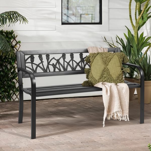 Patio Outdoor Park Loveseat Bench for Garden Porch Deck Made Cast Iron Anti-Rust Aluminum Metal, 2-3 Seater Aluminium Steel (Black Tulip)