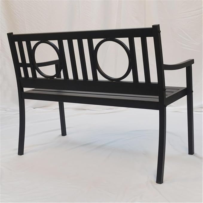 BOWERY HILL Outdoor Metal Bench, 45" W x 24" D x 35" H, Powder-Coated Steel, Black Finish, Elegant Openwork Design, Slatted Seat, Garden, Patio, or Sunroom Furniture