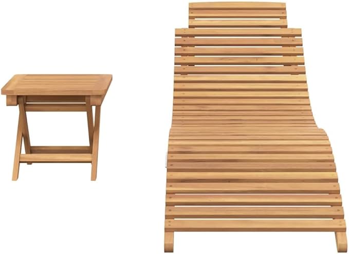 Folding Sun Lounger 2 Pcs Set with Side Table, Solid Teak Wood Outdoor Chaise Lounge Chair - Photo 7