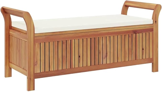 Garden Storage Bench Cream White Natural Wood Solid Acacia Outdoor Furniture with Soft Polyester Cushion for Patio and Garden Seating 4 Pieces