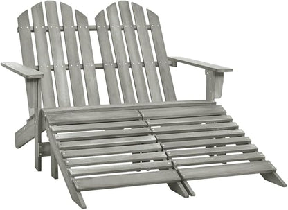 Grey Solid Fir Wood Two-Seater Garden Chair with Ottoman, Detachable Outdoor Furniture for Patio and Balcony, Ergonomic Design with Broad Armrests and UV Protection