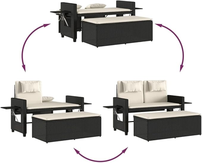 Garden Bench Deck Bench Reclining Patio Bench with Cushions Black Poly Rattan - Photo 9