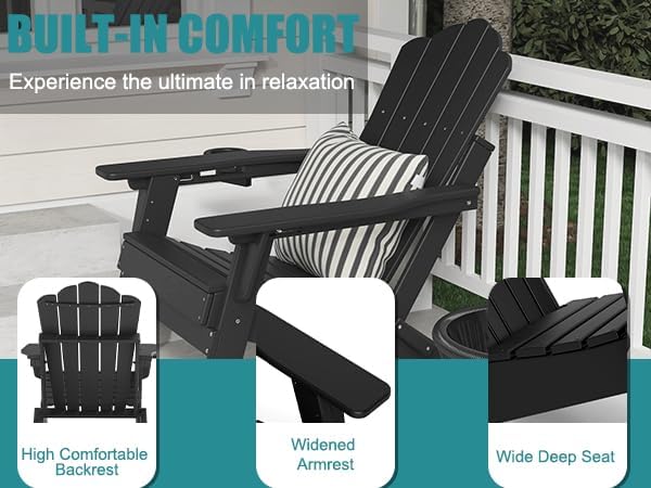 FOOWIN HDPE Adjustable Adirondack Chair Set of 8, 400lbs Heavy Duty Folding Patio Chairs with Cup Holder, 3-Position Reclining Fire Pit Seating, All-Weather Poly Lumber for Backyard, Deck - Black