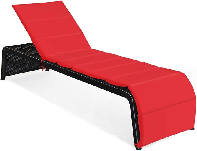 COSTWAY Patio Rattan Lounge Chair, Cushioned Chaise Recliner Chair with Adjustable Back, Garden Backyard Poolside (Red) - Photo 1