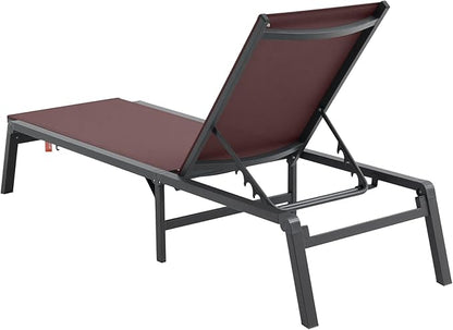 VEVOR 2 Pcs Chaise Lounge Chairs Outdoor, Aluminum Patio Lounge Chair with Adjustable 5-Position, Folding Pool Chairs Recliner and Full Flat Tanning Chair for Patio, Beach, Pool, Brown, 2 pcs