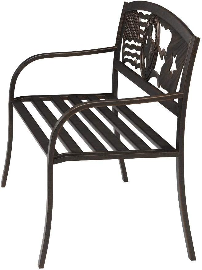 Leigh Country Flags Over Texas Metal Bench, Outdoor Decorative Patio Seating for Porch/Deck