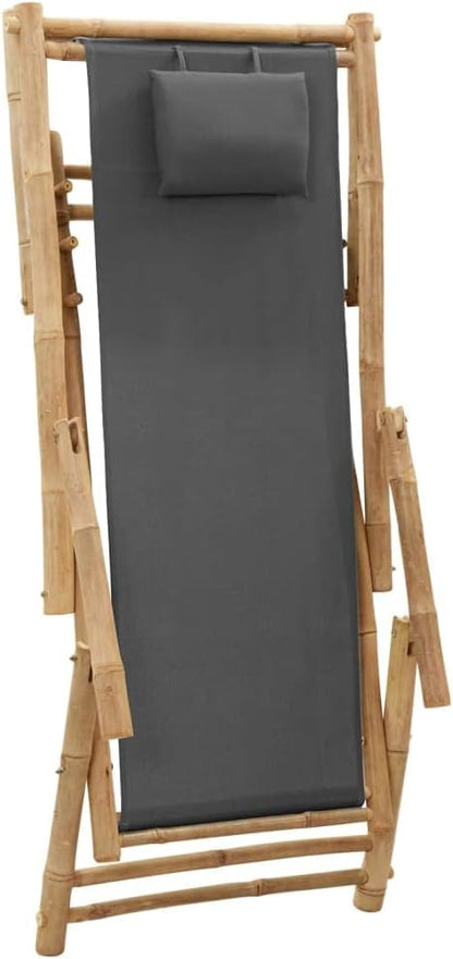 Deck Chair Bamboo and Canvas,Outdoor Patio Furniture,Balcony Chairs,Lounge Chairs,Beach Lounge Chair Outdoor,Lawn Chairs,for Patio,Garden,Backyard, Dark Gray