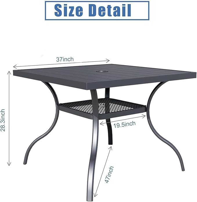 SOLAURA 37” Outdoor Dining Table Patio Slat Table Top for 4-Person/Metal Frame, Umbrella Hole, Indoor or Outdoor, Black