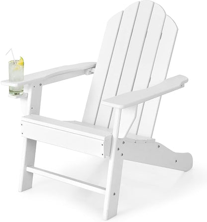 Tangkula Adirondack Chair Outdoor, Fade Resistant HDPE Armchairs with Cup Holder, Weather Resistant Lounger Chairs for Patio Garden Backyard Deck, Lawn Porch Seating, Adirondack Lounger (1, White)