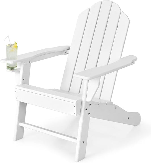 Tangkula Adirondack Chair Outdoor, Fade Resistant HDPE Armchairs with Cup Holder, Weather Resistant Lounger Chairs for Patio Garden Backyard Deck, Lawn Porch Seating, Adirondack Lounger (1, White)