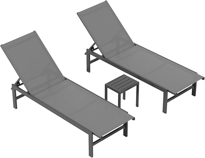 Outdoor Lounge Chairs Set of 3, Aluminum Chaise Lounge Chairs with 5-Position Recliner, Patio Lounge Chair for Backyard - Photo 1