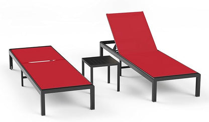 Aluminum Lounge Chairs Outdoor Chaise Furniture,2 Sets Patio Metal Deck Lounger Adjustable 5-Position Poolside Chase Recliner with Wheels for Beach,Coffee Table, (Red, 2 Chair＋Table)