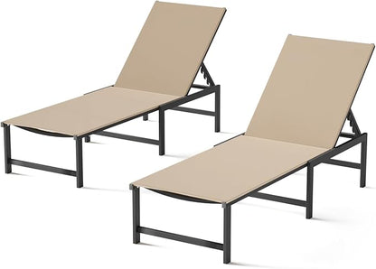 Chaise Lounge Chair Outdoor,Aluminum Patio Lounge Chairs Set of 2, Adjustable 5-Position Recliner and Full Flat Tanning Chair with Pillow for Pool, Outside,Beach,Khaki