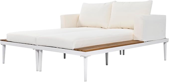 2 in 1 Outdoor Padded Chaise Lounges,Patio Metal Daybed with Wood Topped Side Spaces for Drinks,for Poolside Balcony Deck Backyard (Beige@Lounges)