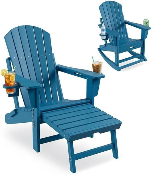 GAOMON 4-in-1 Folding HDPE Adirondack Chair with Retractable Ottoman & Removable Rocking Base, All-Weather Outdoor Patio Chair with Large Cup Holder, 400lbs Capacity, for Garden Lawn, Navy Blue