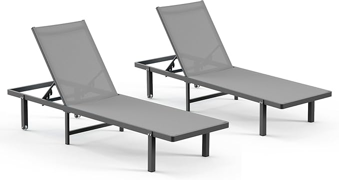 Aluminum Outdoor Lounge Chairs Set of 2, Pool Lounge Chairs with Wheels and 5-Position Recliner -Easy to Move- Patio Chaise Lounge Outdoor for Poolside, Deck, Beach (Darkgray)