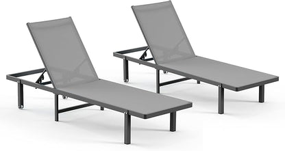 Aluminum Outdoor Lounge Chairs Set of 2, Pool Lounge Chairs with Wheels and 5-Position Recliner -Easy to Move- Patio Chaise Lounge Outdoor for Poolside, Deck, Beach (Darkgray)