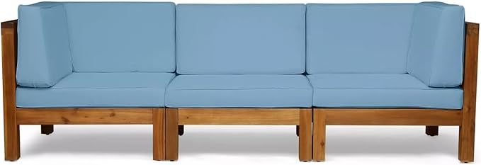 roomfitters Outdoor X-Back 3-Seater Sectional Sofa with Acacia Wood Frame and Cushions, Blue - Photo 4