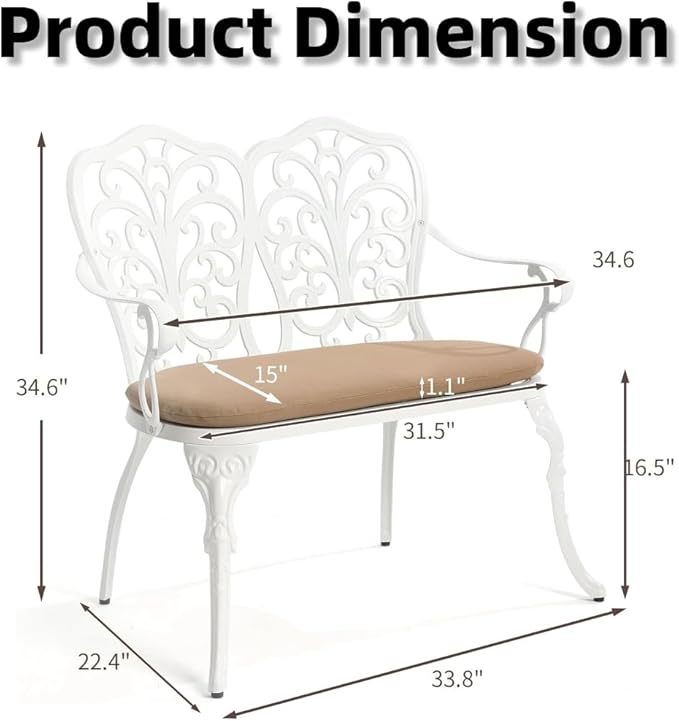 Patio Aluminum Outdoor Bench with Soft Cushion, Garden Metal Loveseat Furniture, Vintage Carving White Front Porch Chair Seat